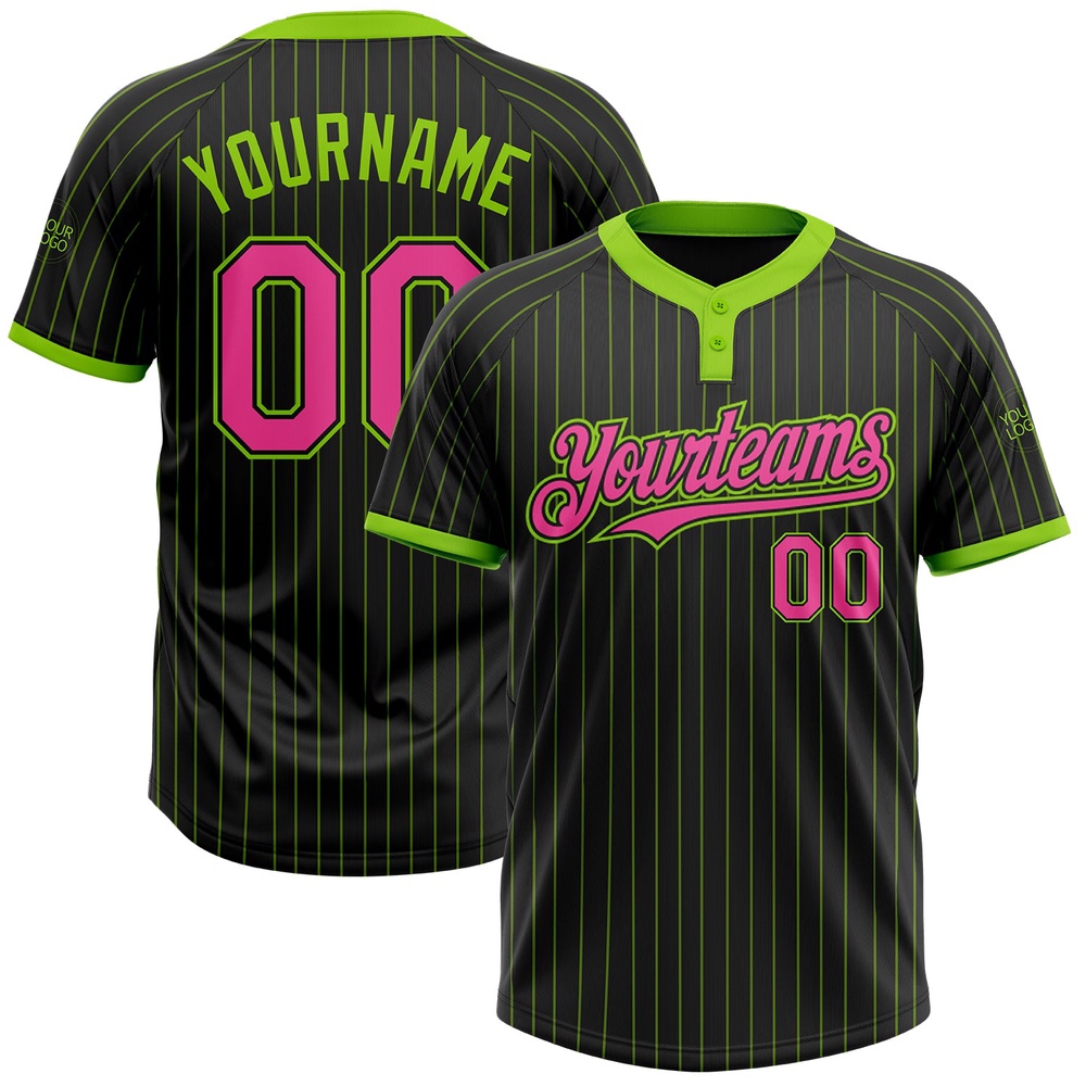 Black Neon Green Pinstripe Pink Two Button Unisex Softball Jersey, Custom Team Softball Jersey Black Neon Green Pinstripe Pink Two Button Unisex Softball Jersey, Custom Team Softball Jersey