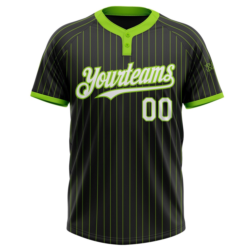 Black Neon Green Pinstripe White Two Button Unisex Softball Jersey, Custom Team Softball Jersey Black Neon Green Pinstripe White Two Button Unisex Softball Jersey, Custom Team Softball Jersey