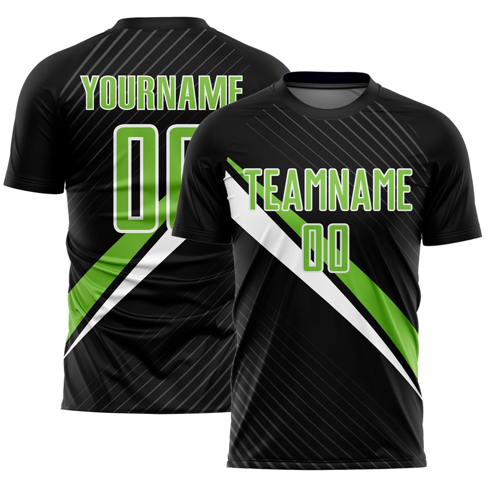 Black Neon Green White Diagonal Lines Sublimation Soccer Uniform Jersey, Custom Team Soccer Jersey Shirt