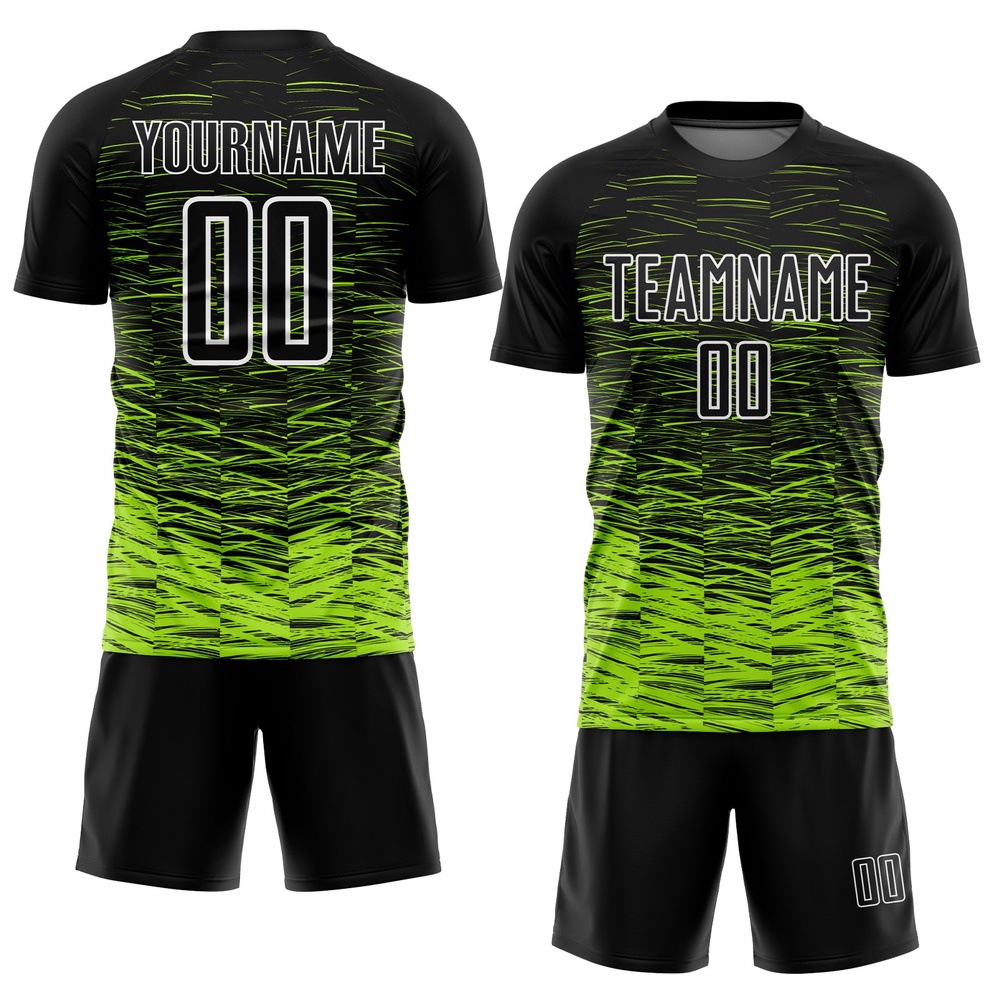 Black Neon Green White Line Sublimation Soccer Uniform Jersey, Custom Team Soccer Jersey Shirt