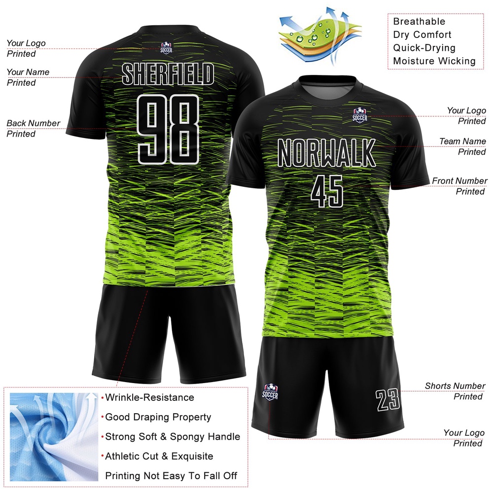Black Neon Green White Line Sublimation Soccer Uniform Jersey, Custom Team Soccer Jersey Shirt
