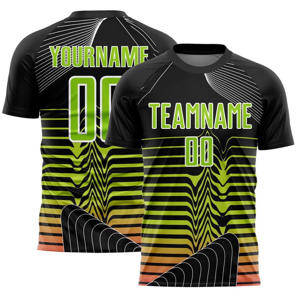 Black Neon Green White Lines Sublimation Soccer Uniform Jersey, Custom Team Soccer Jersey Shirt