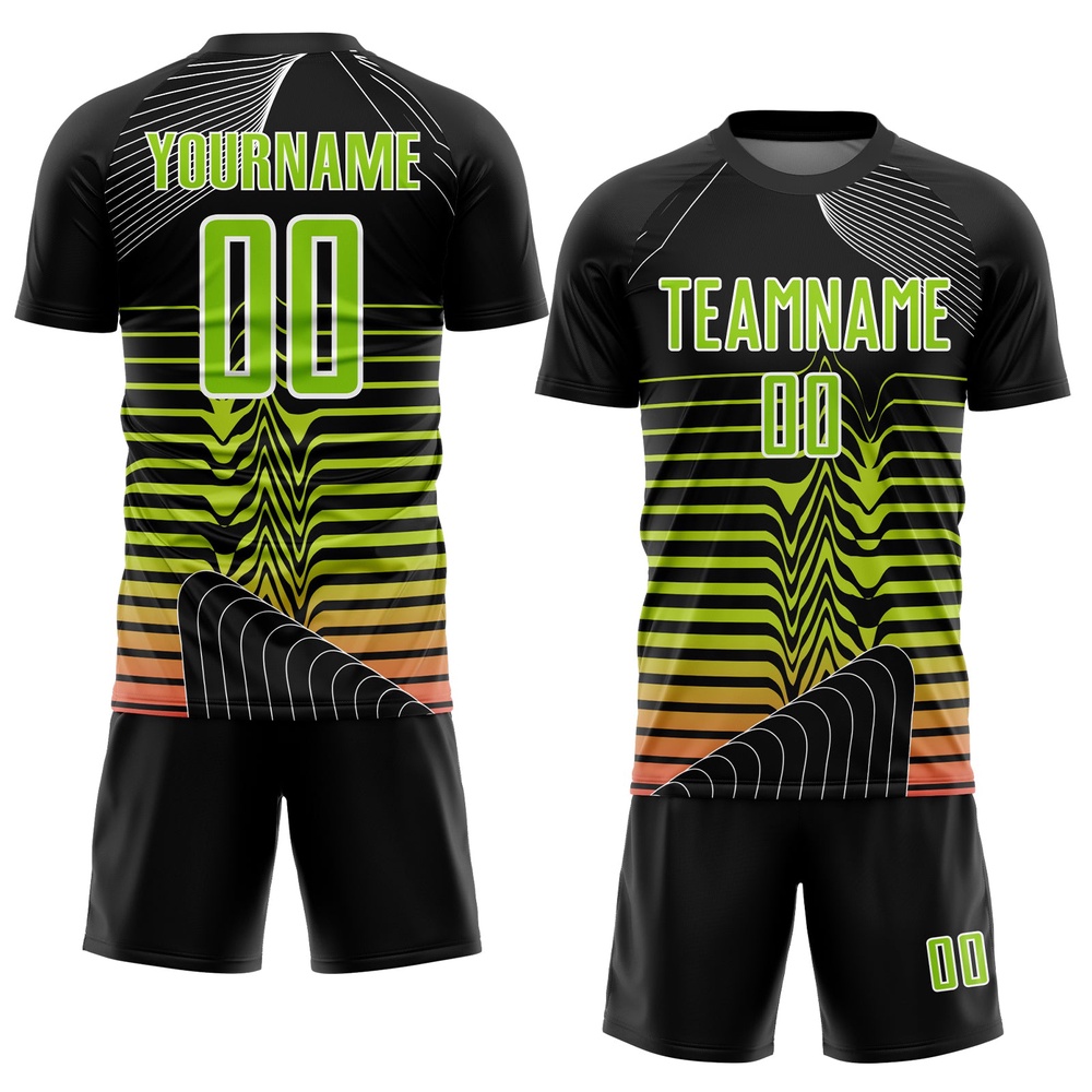 Black Neon Green White Lines Sublimation Soccer Uniform Jersey, Custom Team Soccer Jersey Shirt