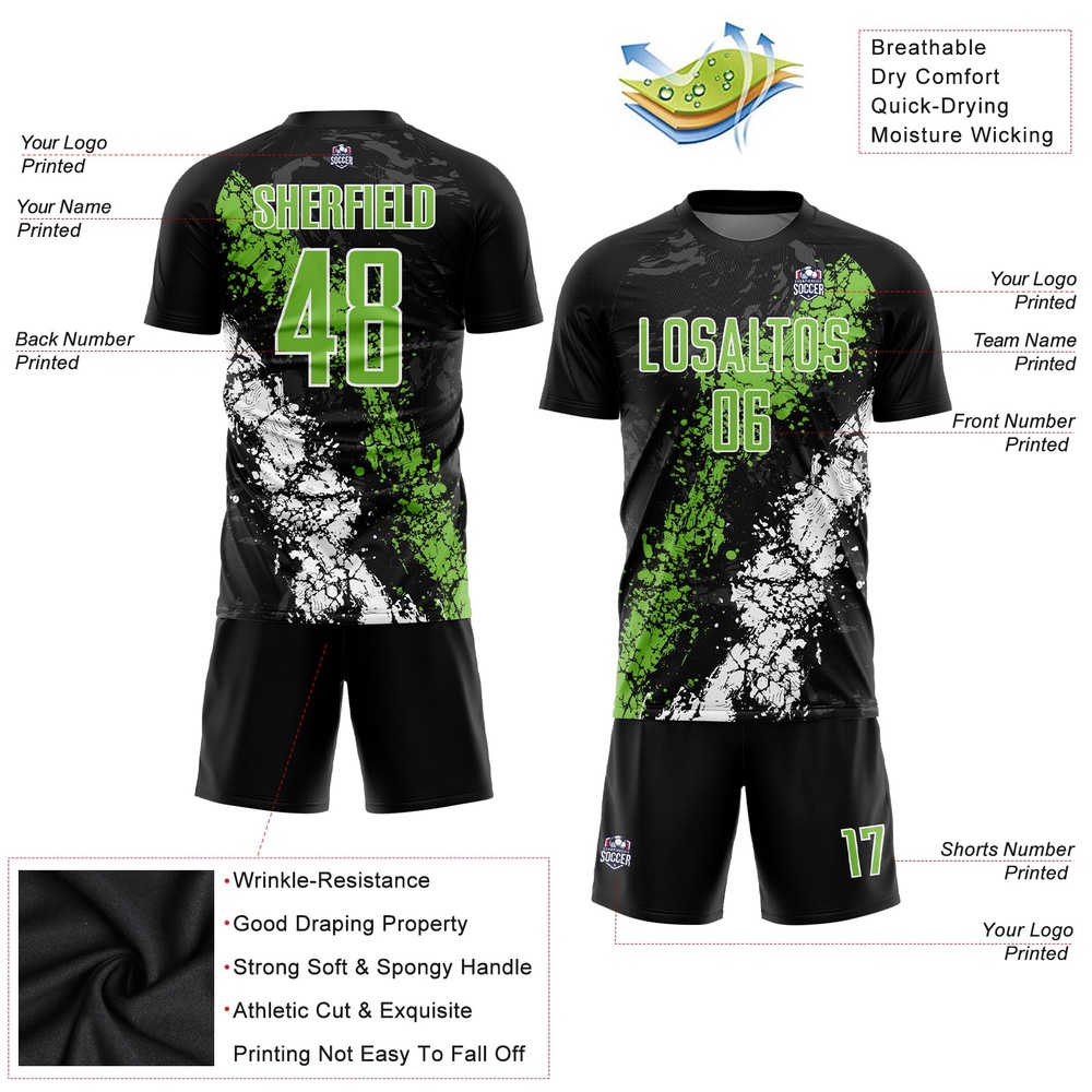 Black Neon Green White Sublimation Soccer Uniform Jersey, Custom Team Soccer Jersey Shirt