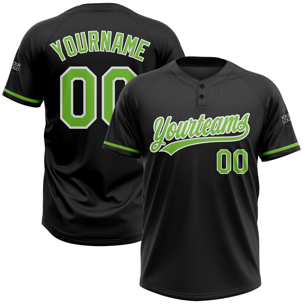Black Neon Green White Two Button Unisex Softball Jersey, Custom Team Softball Jersey