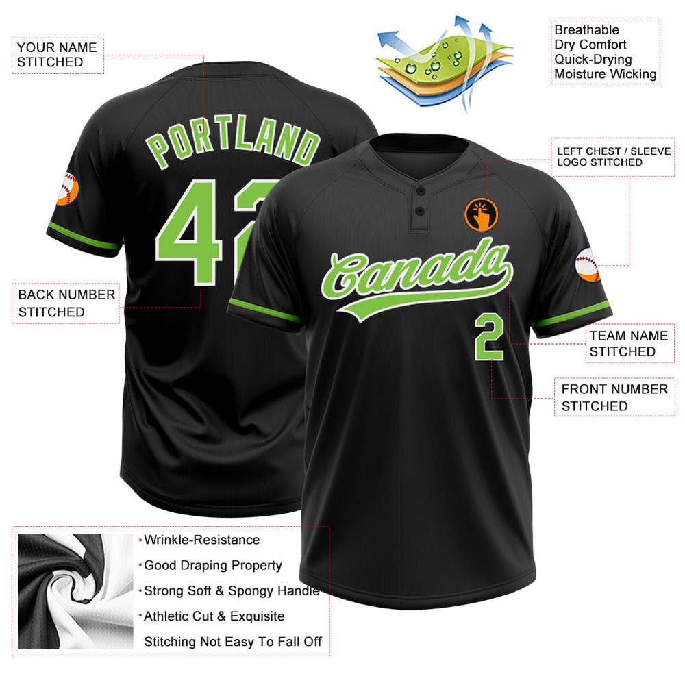 Black Neon Green White Two Button Unisex Softball Jersey, Custom Team Softball Jersey