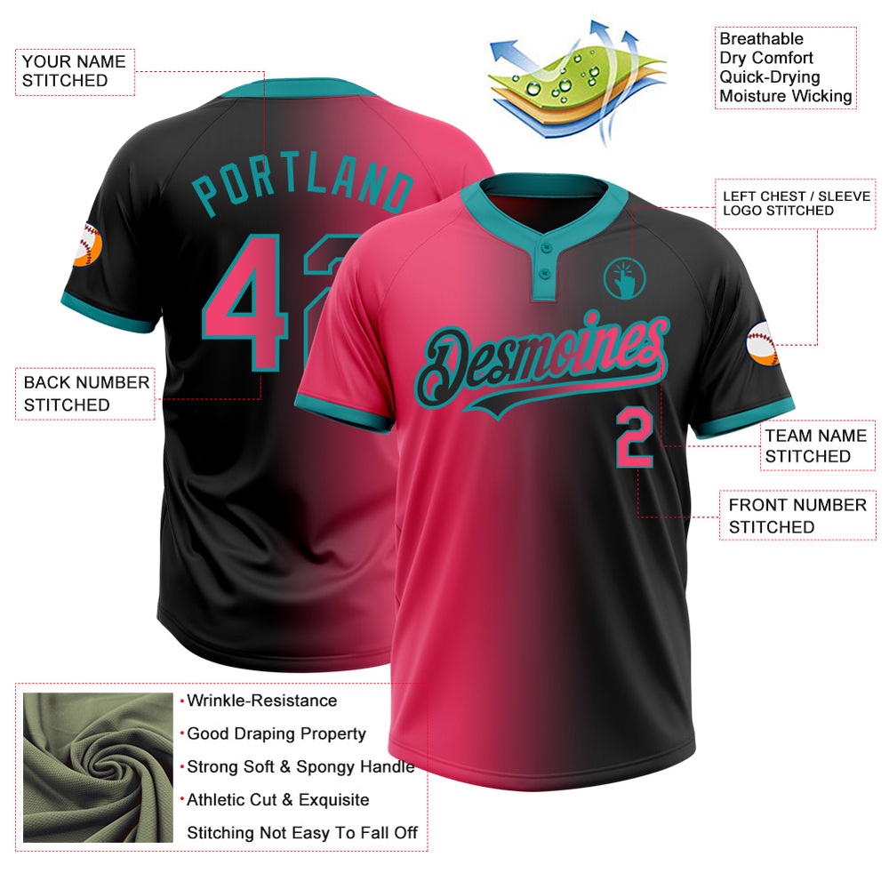 Black Neon Pink Teal Gradient Fashion Two Button Unisex Softball Jersey, Custom Team Softball Jersey Black Neon Pink Teal Gradient Fashion Two Button Unisex Softball Jersey, Custom Team Softball Jersey