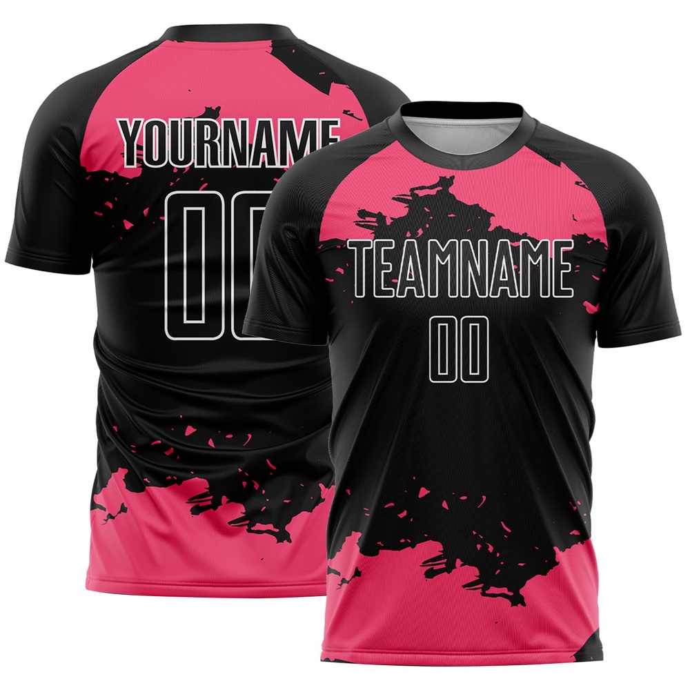 Black Neon Pink White Abstract Fragment Art Sublimation Soccer Uniform Jersey, Custom Team Soccer Jersey Shirt