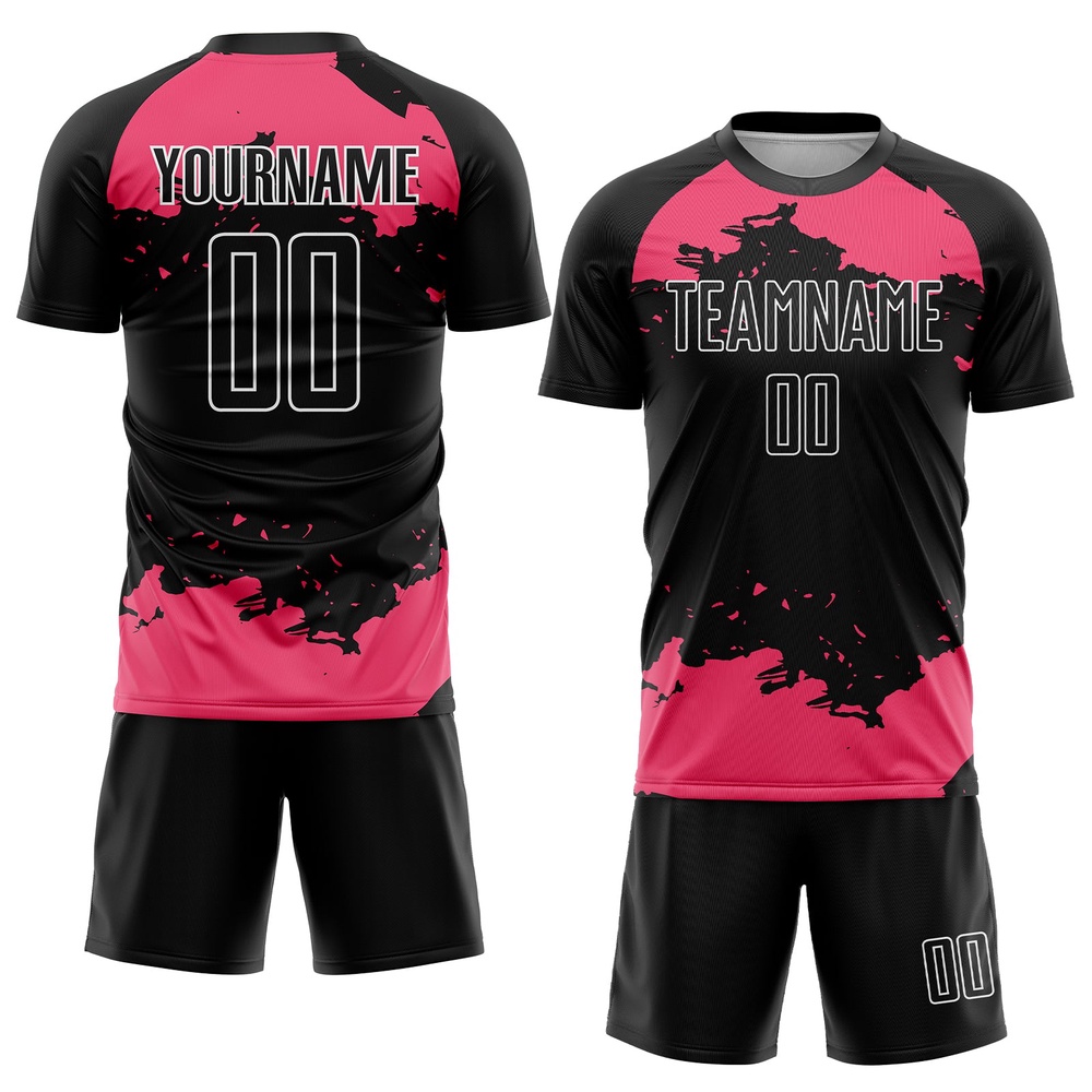 Black Neon Pink White Abstract Fragment Art Sublimation Soccer Uniform Jersey, Custom Team Soccer Jersey Shirt