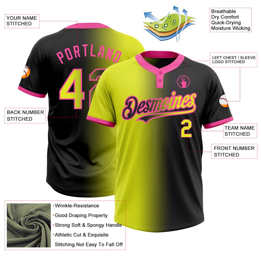 Black Neon Yellow Pink Gradient Fashion Two Button Unisex Softball Jersey, Custom Team Softball Jersey Black Neon Yellow Pink Gradient Fashion Two Button Unisex Softball Jersey, Custom Team Softball Jersey