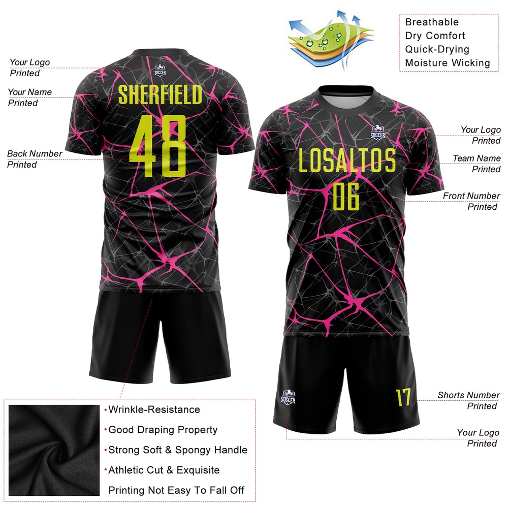 Black Neon Yellow Pink Sublimation Soccer Uniform Jersey, Custom Team Soccer Jersey Shirt