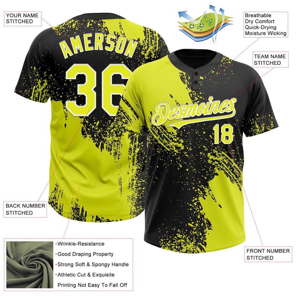 Black Neon Yellow White 3D Pattern Abstract Brush Stroke Two Button Unisex Softball Jersey, Custom Team Softball Jersey