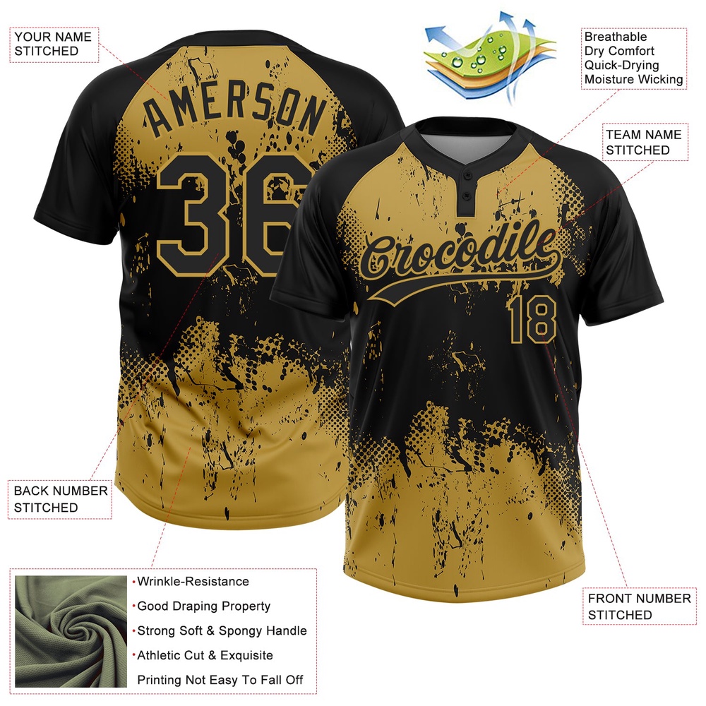 Black Old Gold 3D Pattern Abstract Splatter Grunge Art Two Button Unisex Softball Jersey, Custom Team Softball Jersey