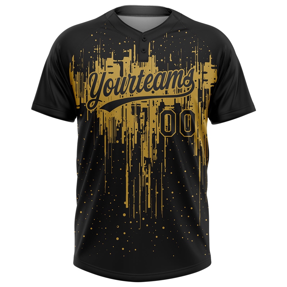 Black Old Gold 3D Pattern Dripping Splatter Art Two Button Unisex Softball Jersey, Custom Team Softball Jersey