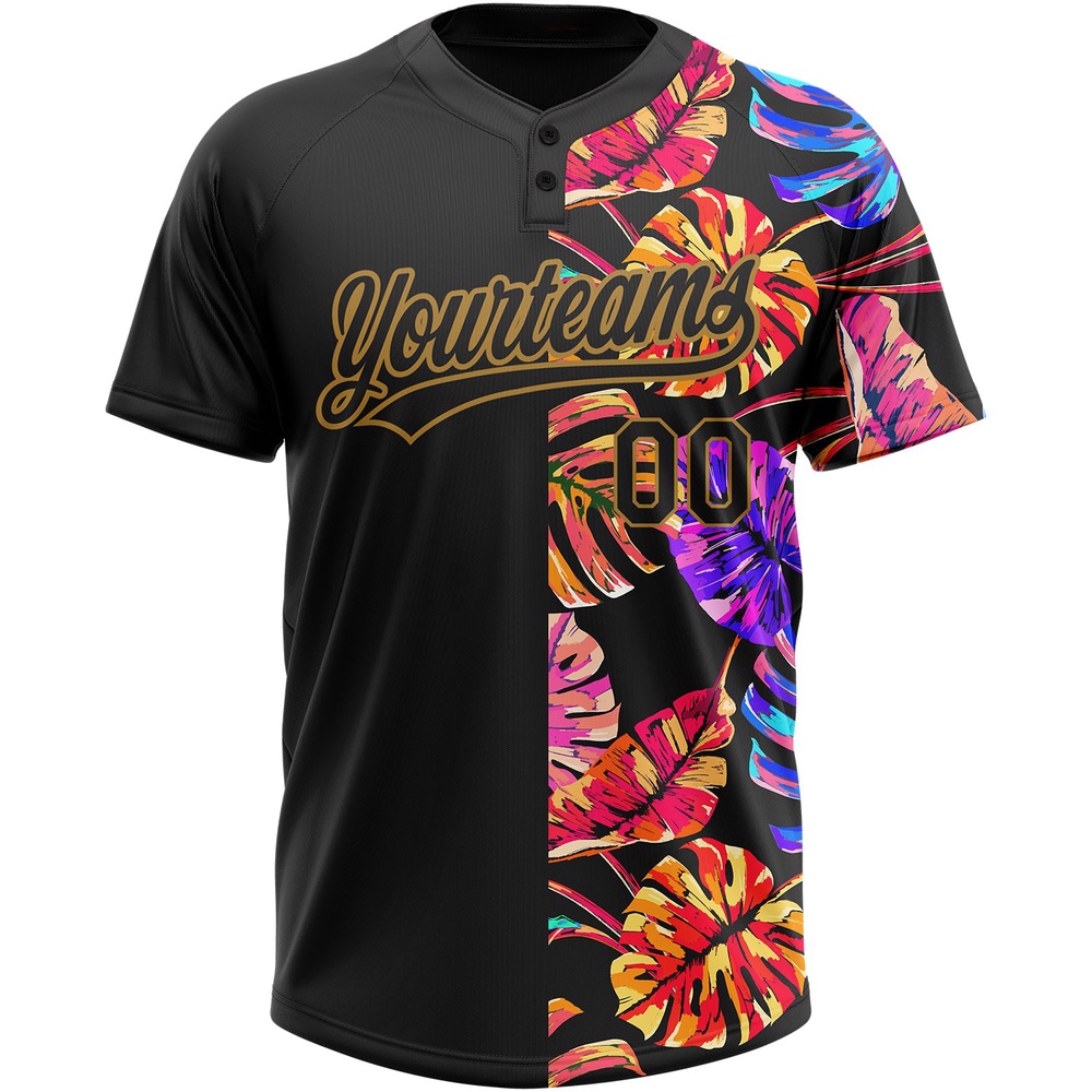 Black Old Gold 3D Pattern Hawaii Tropical Palm Leaves Two Button Unisex Softball Jersey, Custom Team Softball Jersey Black Old Gold 3D Pattern Hawaii Tropical Palm Leaves Two Button Unisex Softball Jersey, Custom Team Softball Jersey