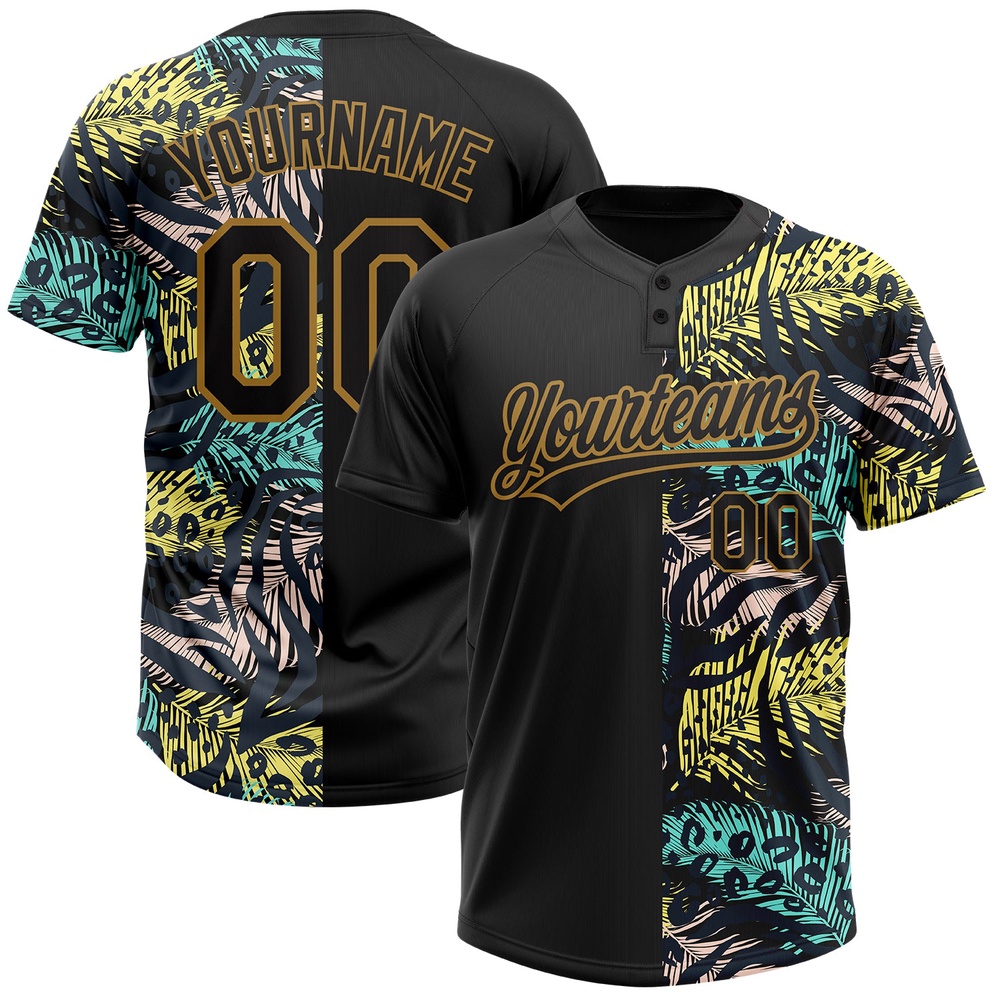 Black Old Gold 3D Pattern Hawaii Tropical Palm Leaves With Animal Print Two Button Unisex Softball Jersey, Custom Team Softball Jersey Black Old Gold 3D Pattern Hawaii Tropical Palm Leaves With Animal Print Two Button Unisex Softball Jersey, Custom Team Softball Jersey