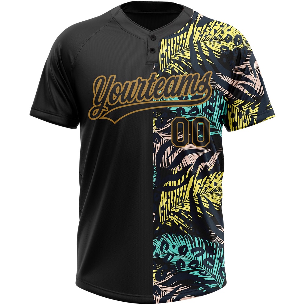 Black Old Gold 3D Pattern Hawaii Tropical Palm Leaves With Animal Print Two Button Unisex Softball Jersey, Custom Team Softball Jersey Black Old Gold 3D Pattern Hawaii Tropical Palm Leaves With Animal Print Two Button Unisex Softball Jersey, Custom Team Softball Jersey