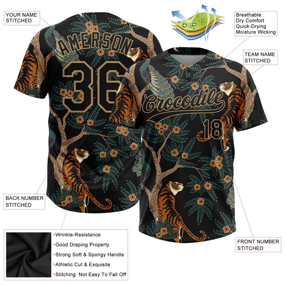 Black Old Gold 3D Pattern Tiger And Peacock Two Button Unisex Softball Jersey, Custom Team Softball Jersey