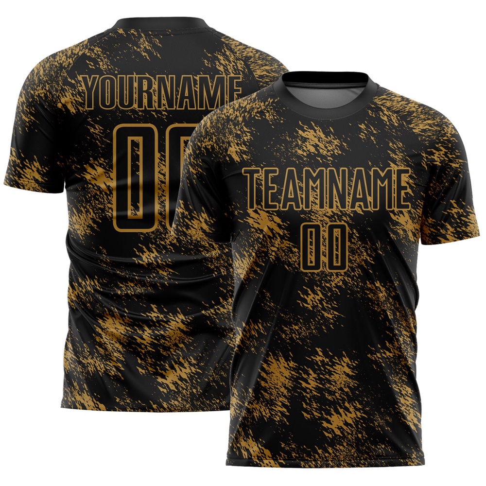 Black Old Gold Abstract Grunge Art Sublimation Soccer Uniform Jersey, Custom Team Soccer Jersey Shirt