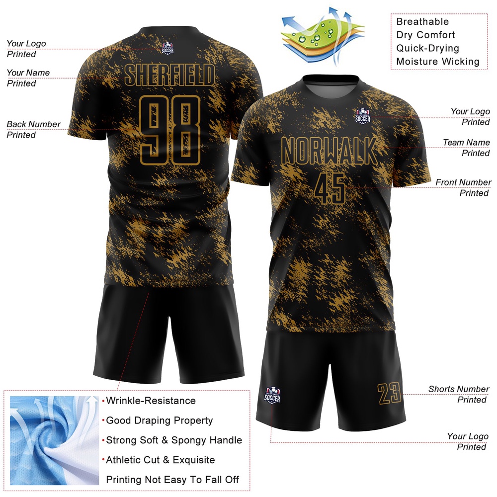 Black Old Gold Abstract Grunge Art Sublimation Soccer Uniform Jersey, Custom Team Soccer Jersey Shirt
