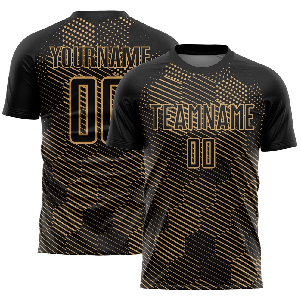 Black Old Gold Abstract Hexagon Sublimation Soccer Uniform Jersey, Custom Team Soccer Jersey Shirt Black Old Gold Abstract Hexagon Sublimation Soccer Uniform Jersey, Custom Team Soccer Jersey Shirt