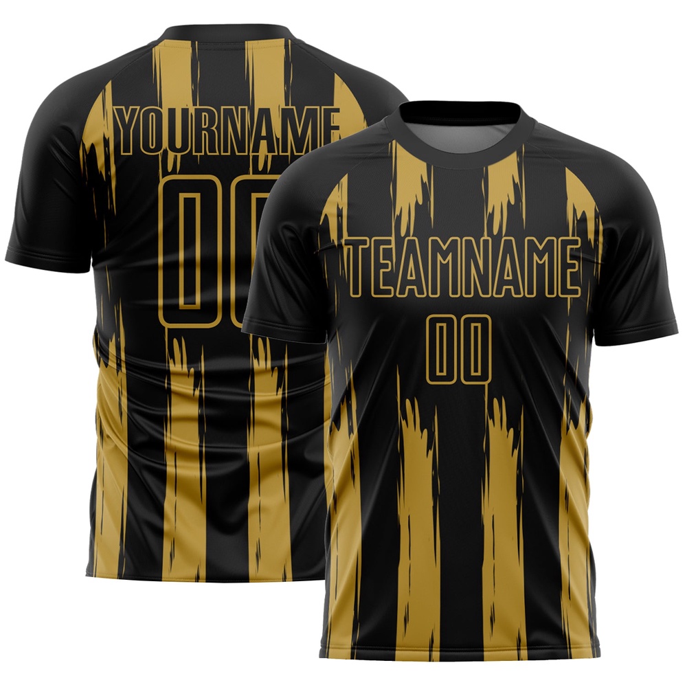 Black Old Gold Abstract Stripes Sublimation Soccer Uniform Jersey, Custom Team Soccer Jersey Shirt Black Old Gold Abstract Stripes Sublimation Soccer Uniform Jersey, Custom Team Soccer Jersey Shirt