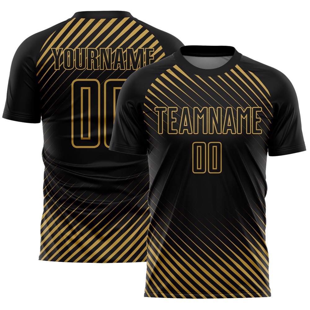 Black Old Gold Diagonal Lines Sublimation Soccer Uniform Jersey, Custom Team Soccer Jersey Shirt