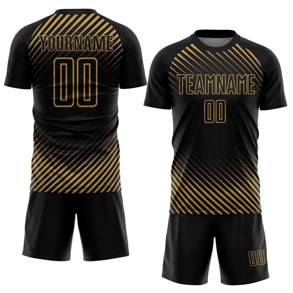 Black Old Gold Diagonal Lines Sublimation Soccer Uniform Jersey, Custom Team Soccer Jersey Shirt
