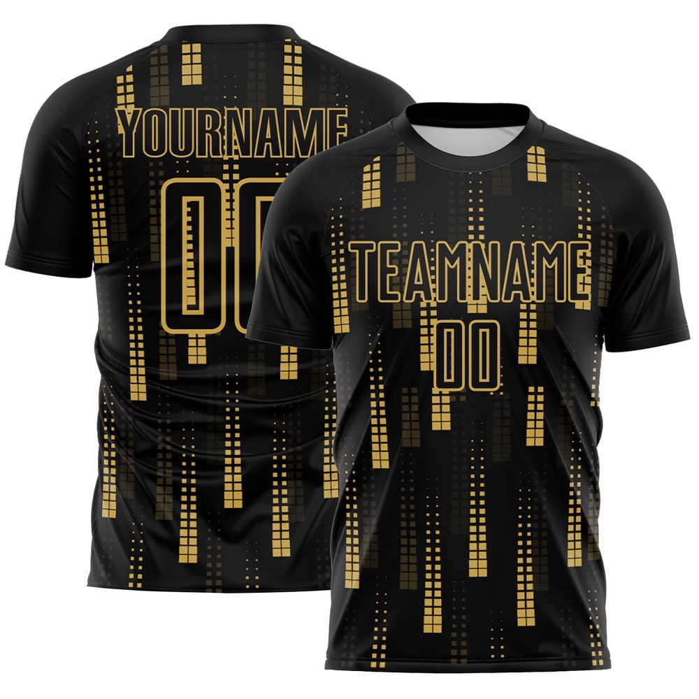 Black Old Gold Geometric Shapes Sublimation Soccer Uniform Jersey, Custom Team Soccer Jersey Shirt