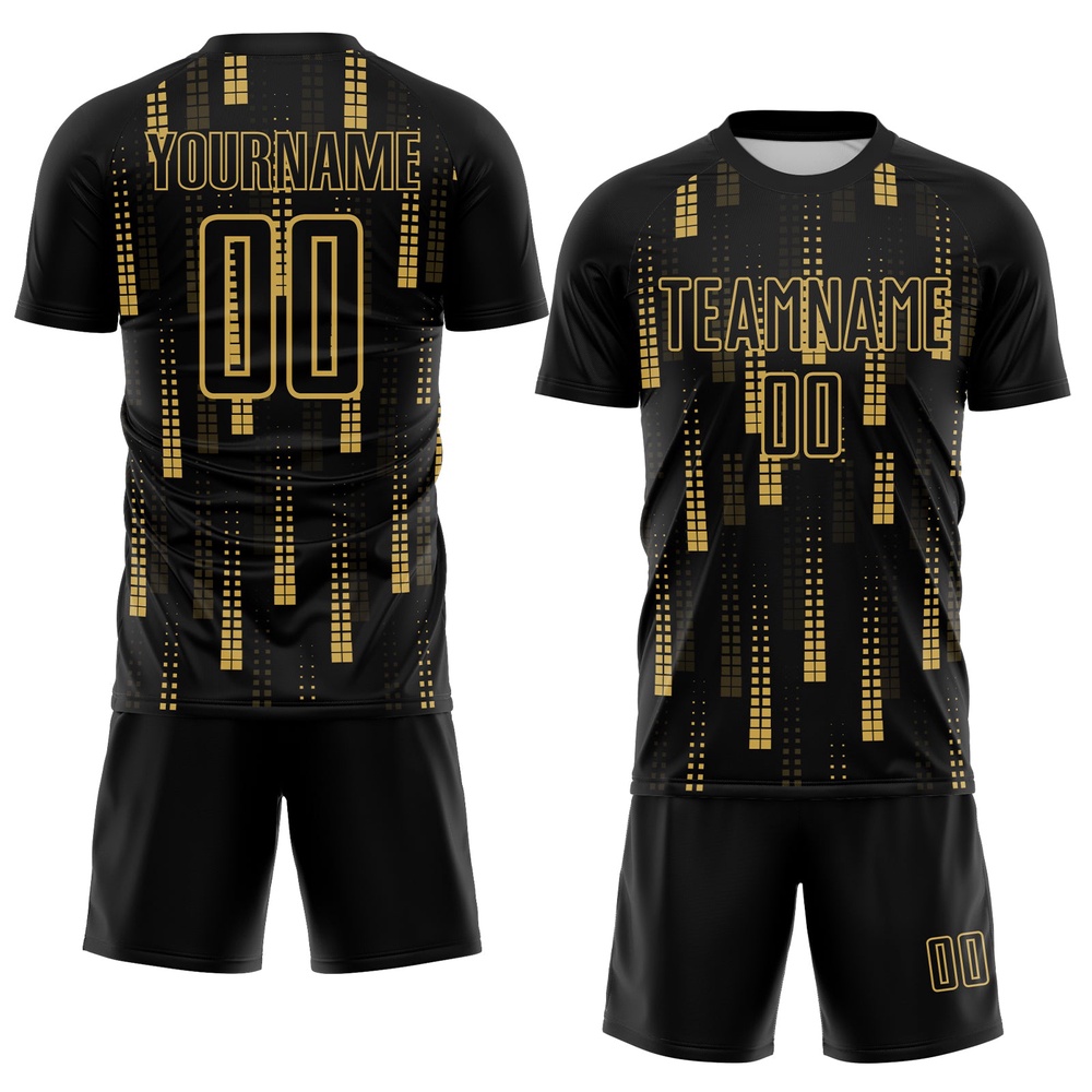 Black Old Gold Geometric Shapes Sublimation Soccer Uniform Jersey, Custom Team Soccer Jersey Shirt