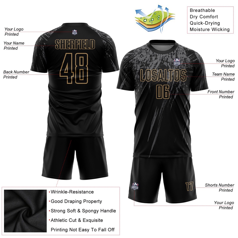Black Old Gold Gray Sublimation Soccer Uniform Jersey, Custom Team Soccer Jersey Shirt
