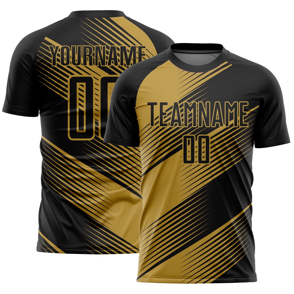 Black Old Gold Line Sublimation Soccer Uniform Jersey, Custom Team Soccer Jersey Shirt