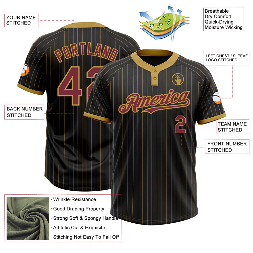 Black Old Gold Pinstripe Burgundy Two Button Unisex Softball Jersey, Custom Team Softball Jersey