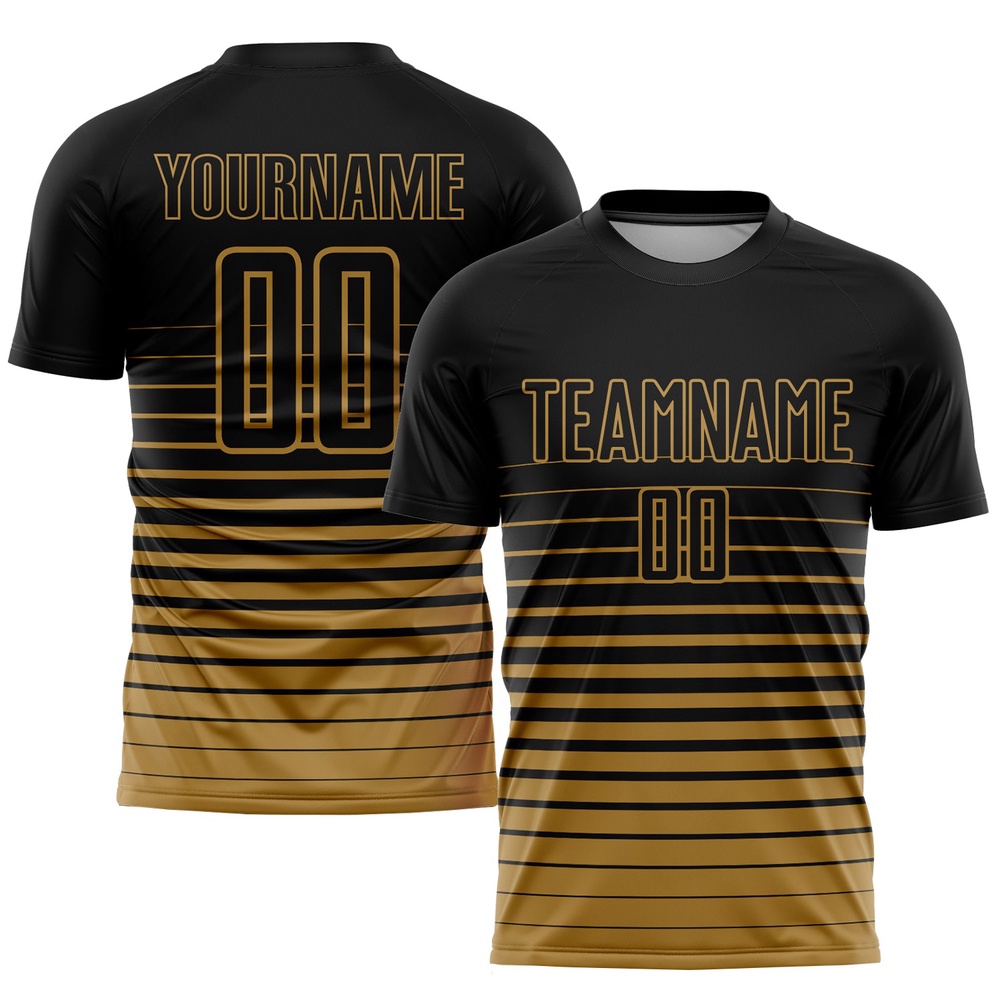 Black Old Gold Pinstripe Fade Fashion Sublimation Soccer Uniform Jersey, Custom Team Soccer Jersey Shirt