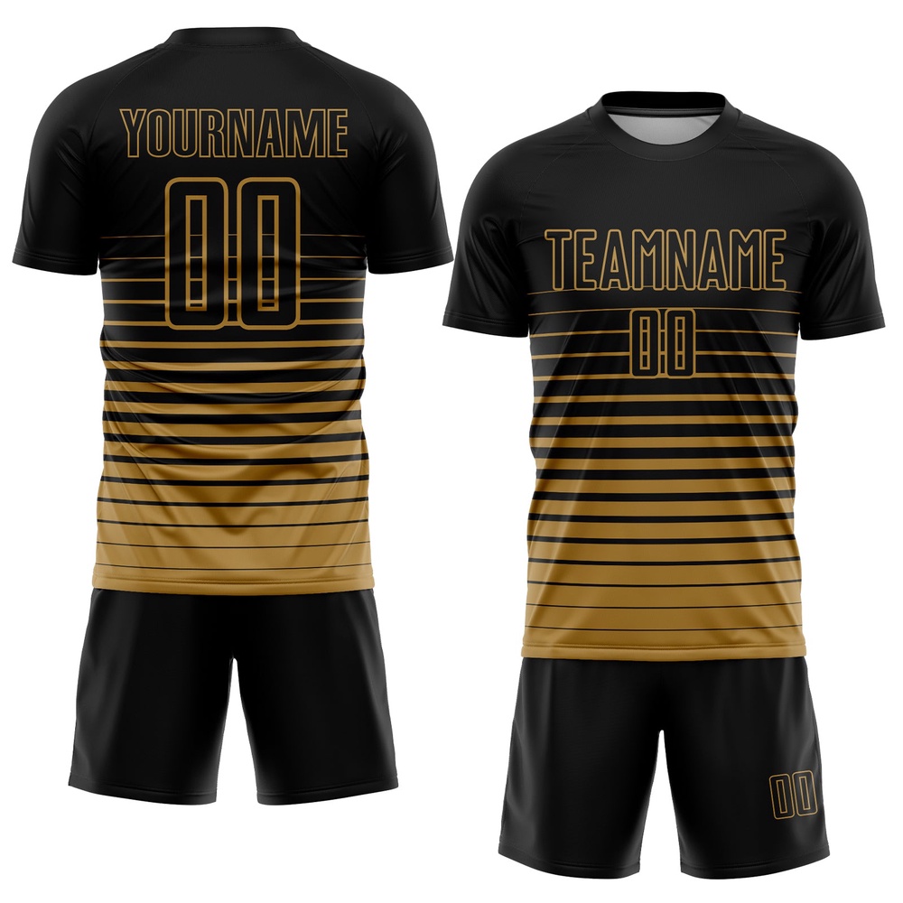 Black Old Gold Pinstripe Fade Fashion Sublimation Soccer Uniform Jersey, Custom Team Soccer Jersey Shirt