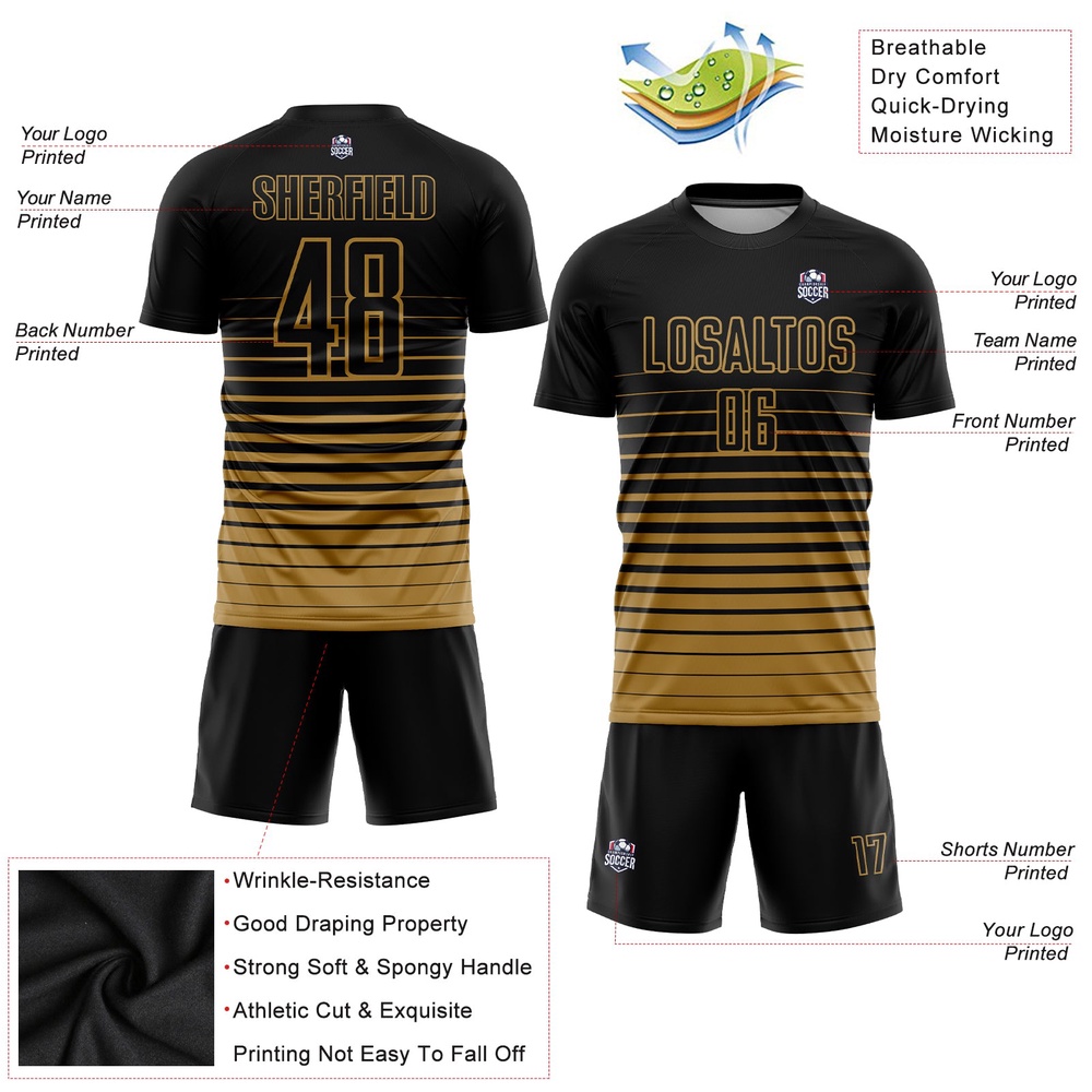 Black Old Gold Pinstripe Fade Fashion Sublimation Soccer Uniform Jersey, Custom Team Soccer Jersey Shirt