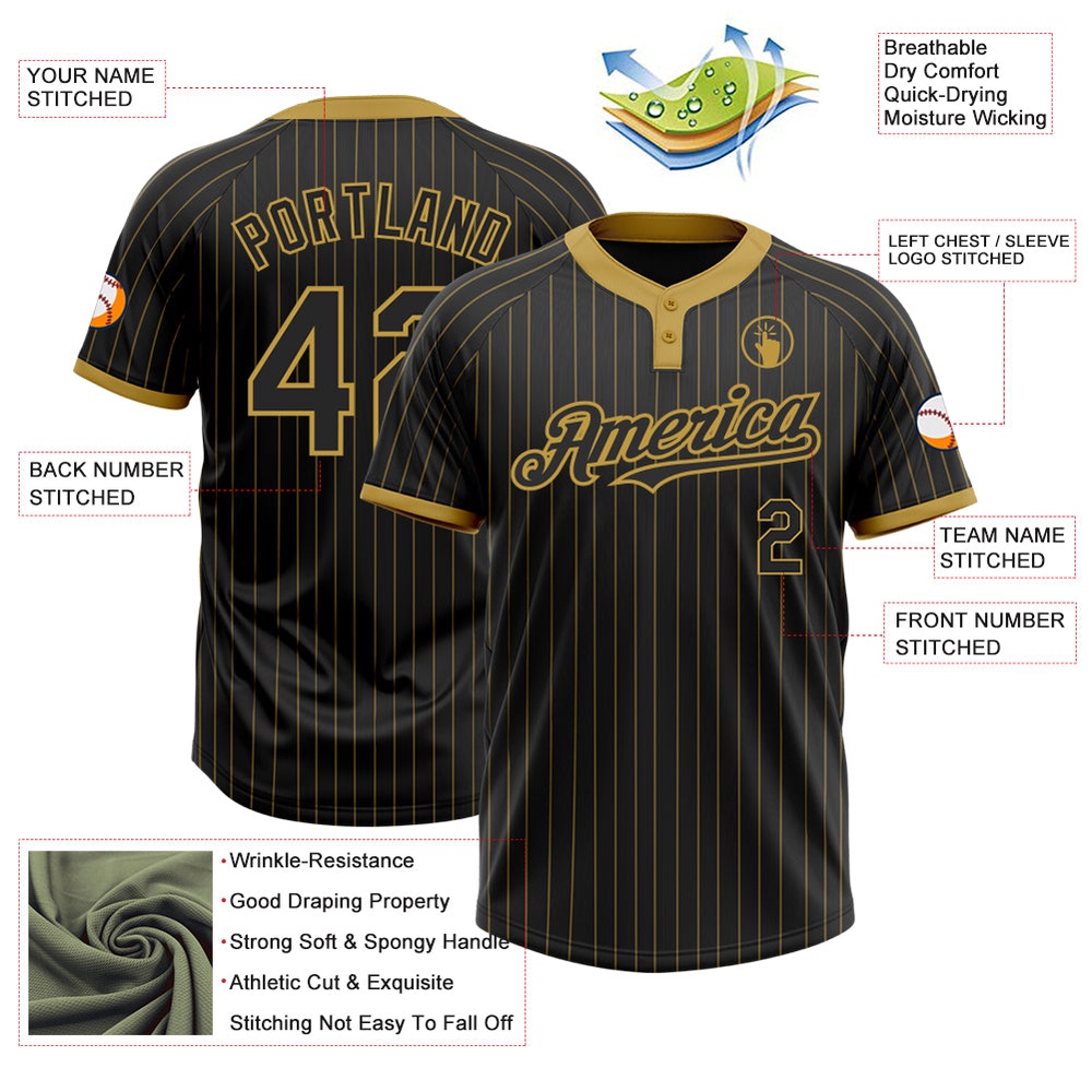 Black Old Gold Pinstripe Old Gold Two Button Unisex Softball Jersey, Custom Team Softball Jersey Black Old Gold Pinstripe Old Gold Two Button Unisex Softball Jersey, Custom Team Softball Jersey