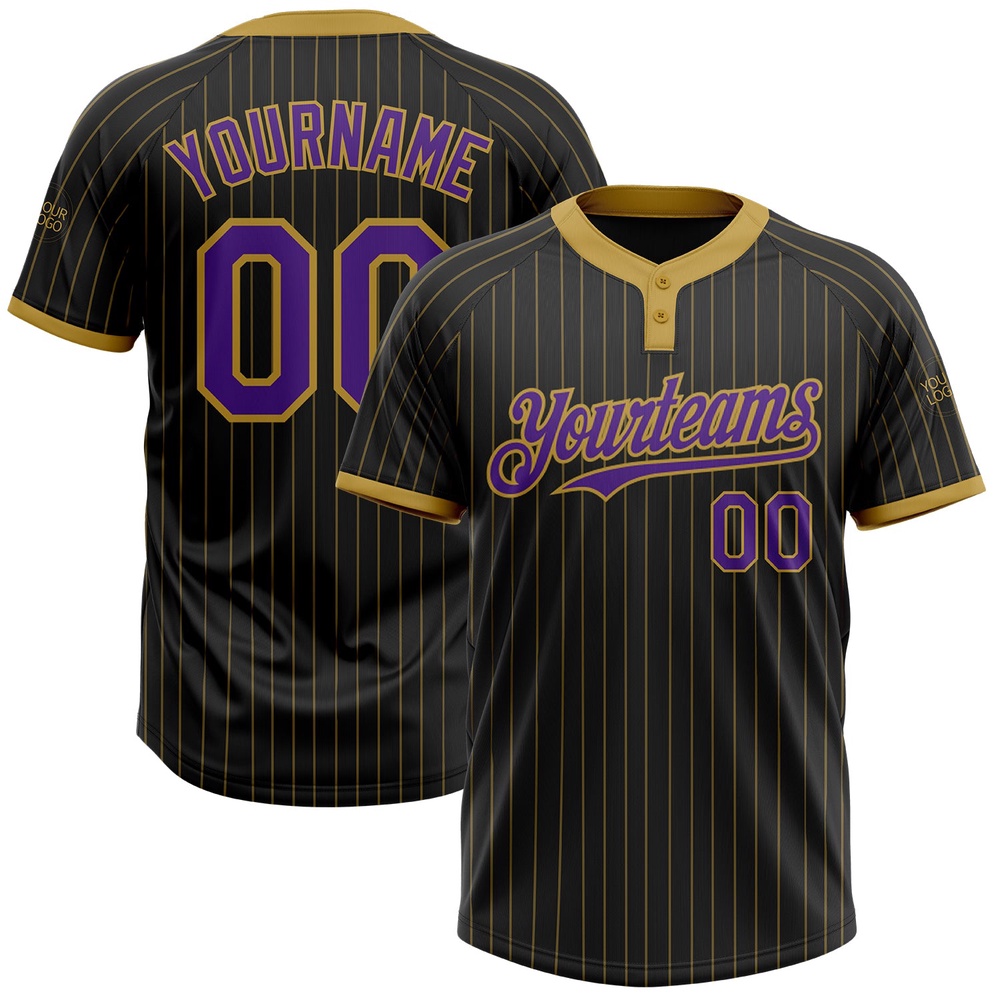 Black Old Gold Pinstripe Purple Two Button Unisex Softball Jersey, Custom Team Softball Jersey Black Old Gold Pinstripe Purple Two Button Unisex Softball Jersey, Custom Team Softball Jersey