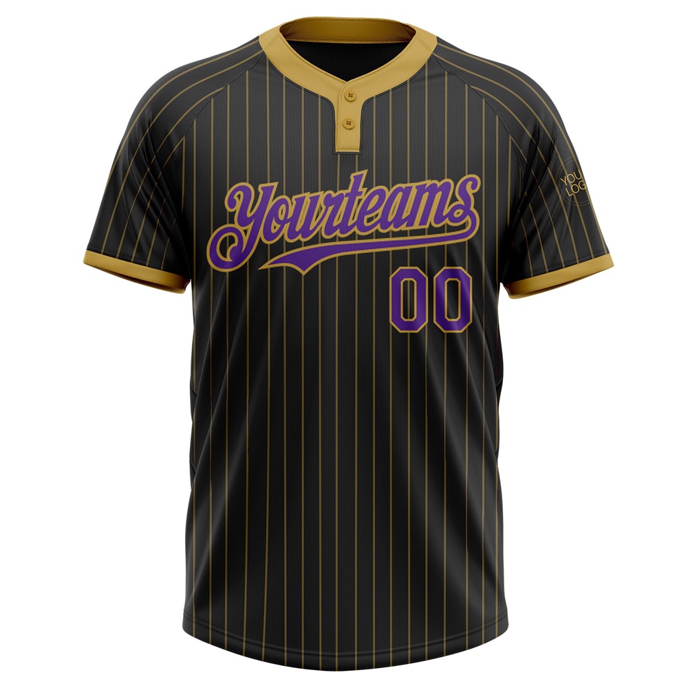 Black Old Gold Pinstripe Purple Two Button Unisex Softball Jersey, Custom Team Softball Jersey Black Old Gold Pinstripe Purple Two Button Unisex Softball Jersey, Custom Team Softball Jersey