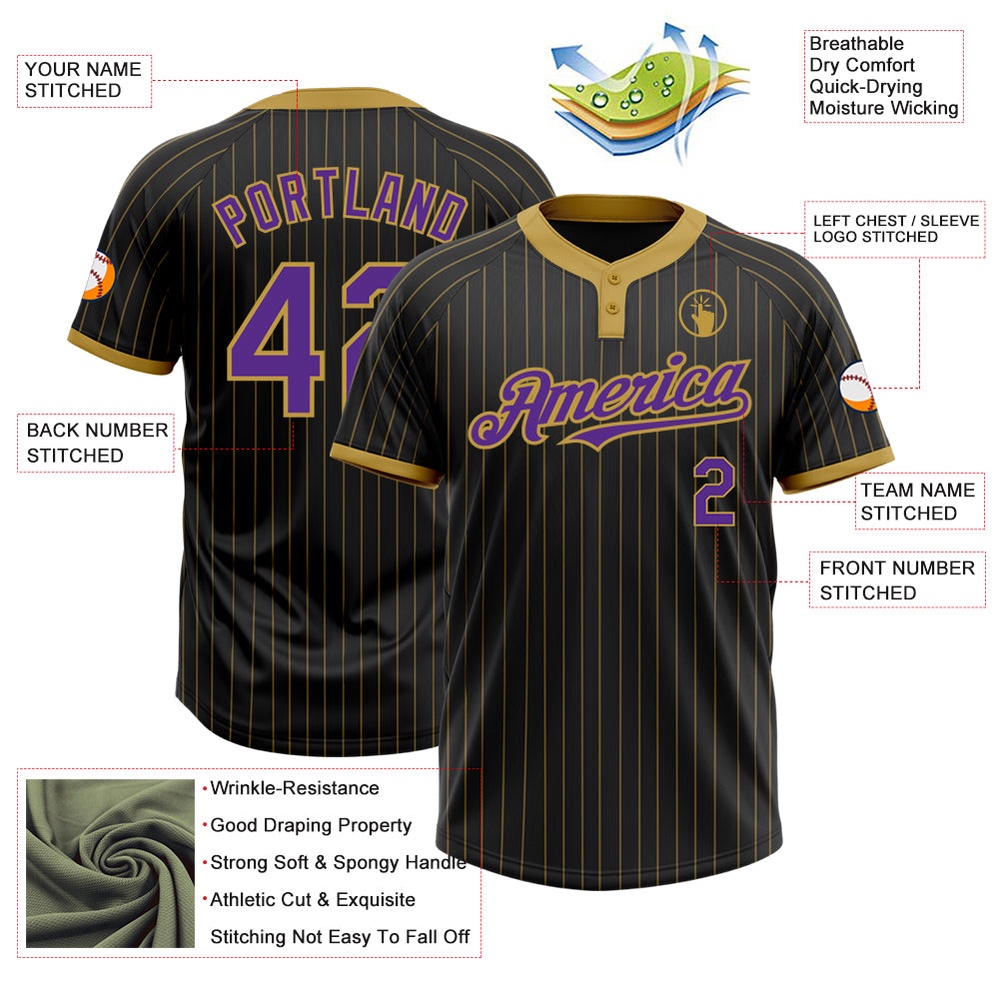 Black Old Gold Pinstripe Purple Two Button Unisex Softball Jersey, Custom Team Softball Jersey Black Old Gold Pinstripe Purple Two Button Unisex Softball Jersey, Custom Team Softball Jersey