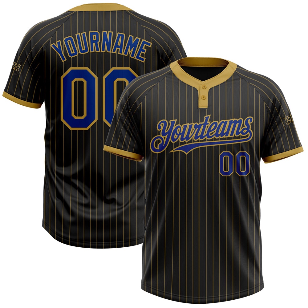 Black Old Gold Pinstripe Royal Two Button Unisex Softball Jersey, Custom Team Softball Jersey Black Old Gold Pinstripe Royal Two Button Unisex Softball Jersey, Custom Team Softball Jersey