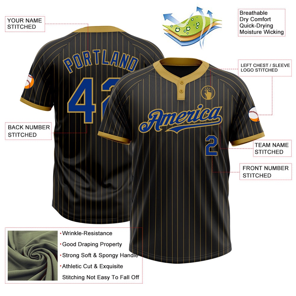 Black Old Gold Pinstripe Royal Two Button Unisex Softball Jersey, Custom Team Softball Jersey Black Old Gold Pinstripe Royal Two Button Unisex Softball Jersey, Custom Team Softball Jersey