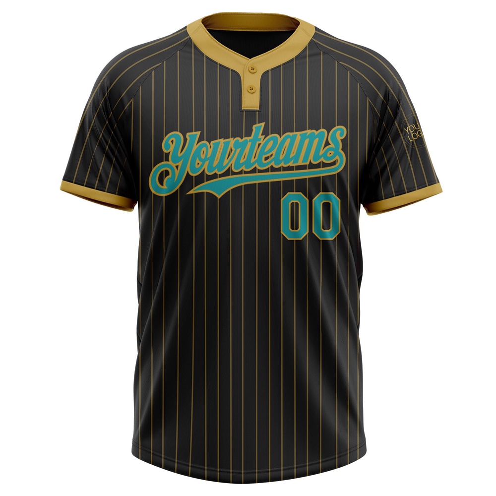 Black Old Gold Pinstripe Teal Two Button Unisex Softball Jersey, Custom Team Softball Jersey Black Old Gold Pinstripe Teal Two Button Unisex Softball Jersey, Custom Team Softball Jersey