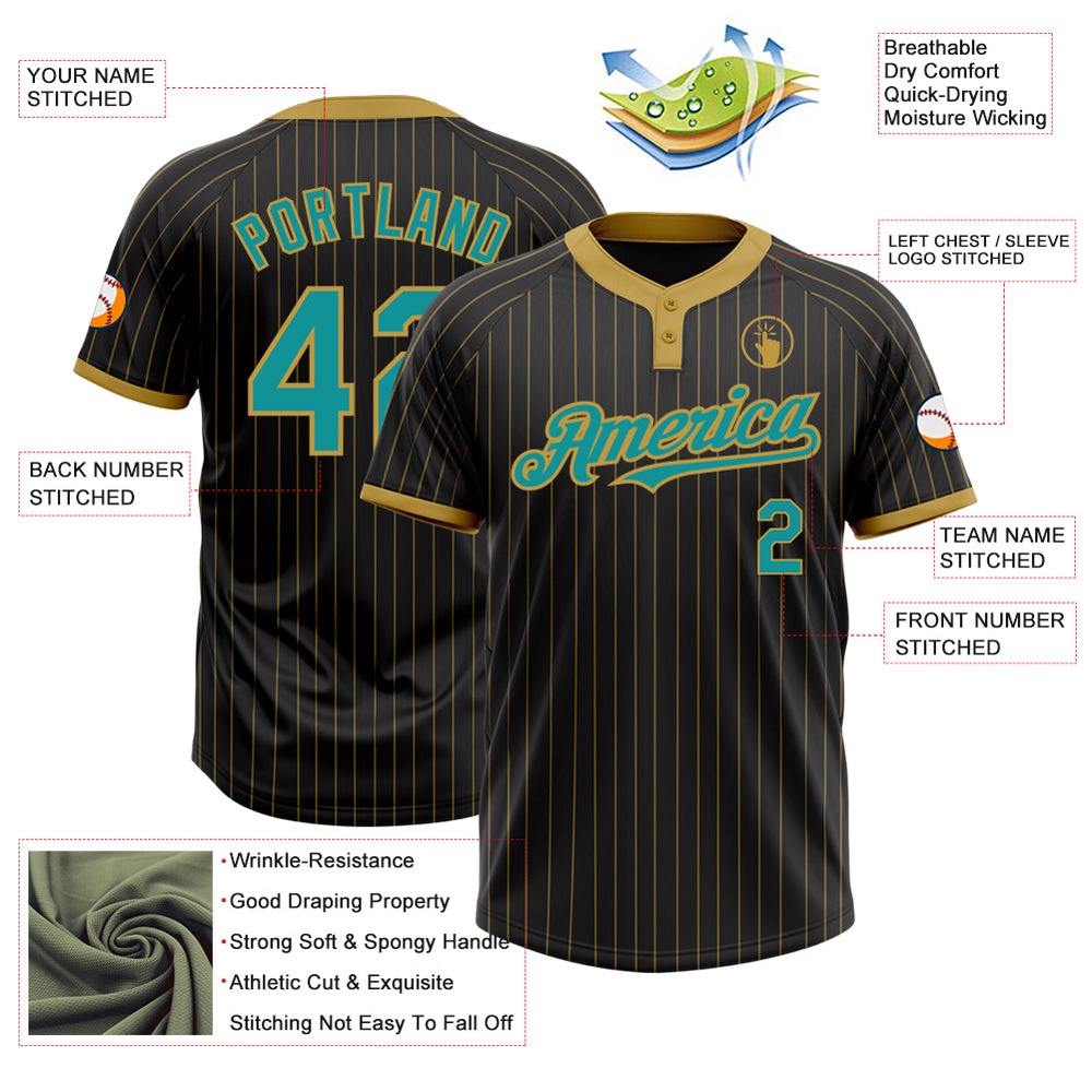 Black Old Gold Pinstripe Teal Two Button Unisex Softball Jersey, Custom Team Softball Jersey Black Old Gold Pinstripe Teal Two Button Unisex Softball Jersey, Custom Team Softball Jersey