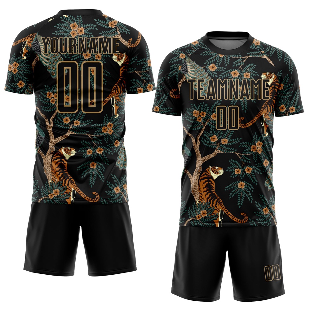 Black Old Gold Tiger And Peacock Sublimation Soccer Uniform Jersey, Custom Team Soccer Jersey Shirt