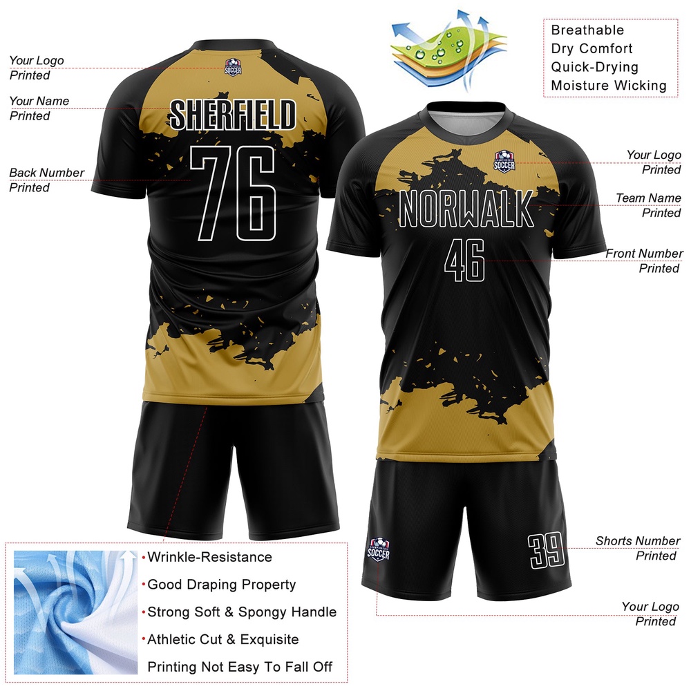 Black Old Gold White Abstract Fragment Art Sublimation Soccer Uniform Jersey, Custom Team Soccer Jersey Shirt