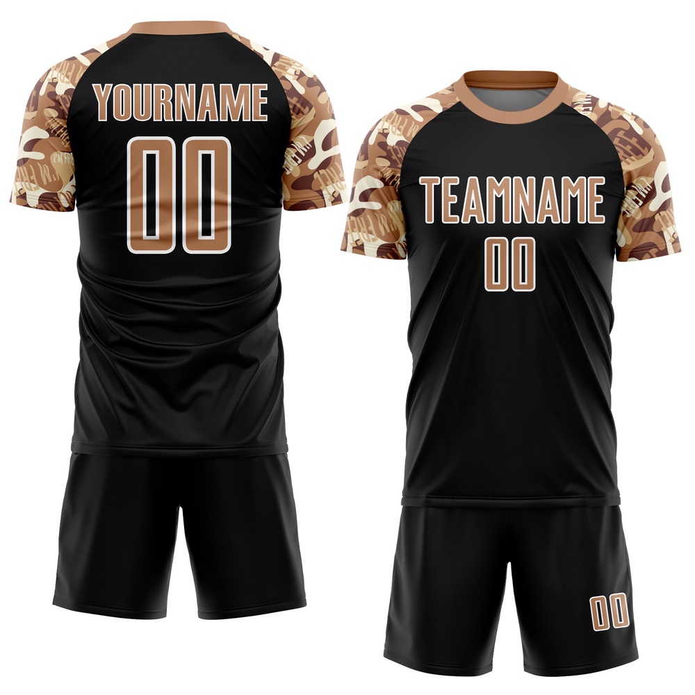 Black Old Gold White Camouflage Sublimation Soccer Uniform Jersey, Custom Team Soccer Jersey Shirt