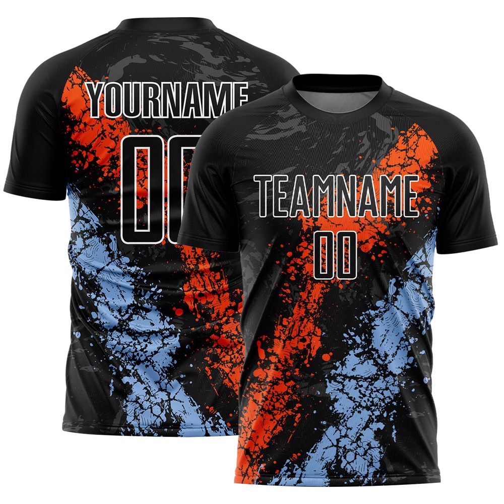 Black Orange Light Blue Dripping Splatter Art Sublimation Soccer Uniform Jersey, Custom Team Soccer Jersey Shirt