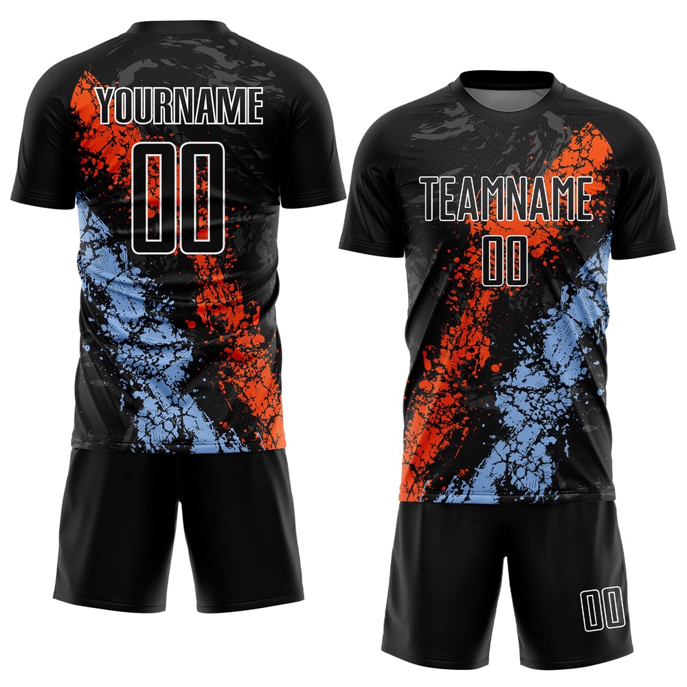 Black Orange Light Blue Dripping Splatter Art Sublimation Soccer Uniform Jersey, Custom Team Soccer Jersey Shirt