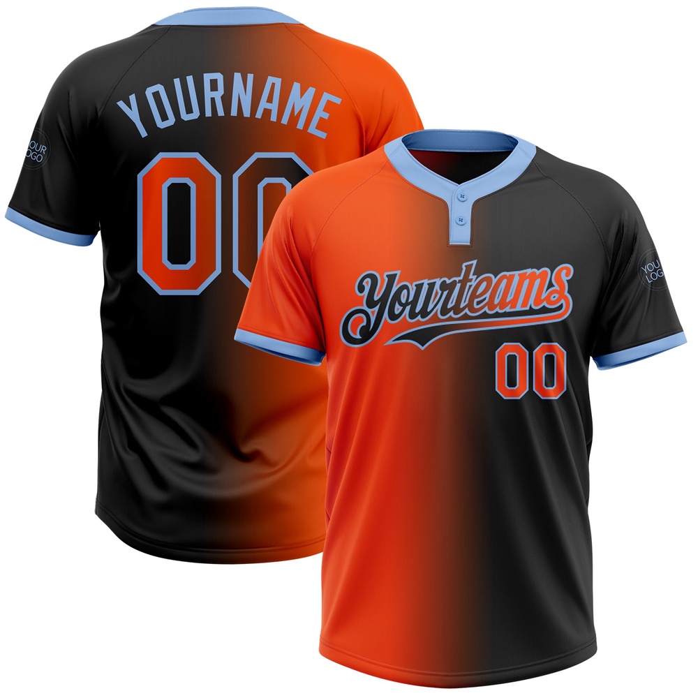 Black Orange Light Blue Gradient Fashion Two Button Unisex Softball Jersey, Custom Team Softball Jersey Black Orange Light Blue Gradient Fashion Two Button Unisex Softball Jersey, Custom Team Softball Jersey